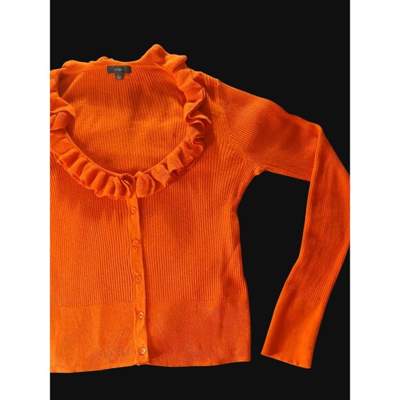 J Crew Orange Silk Cashmere Blend Ruffle Cardigan Sweater L Open Low Neckline - Picture 5 of 11